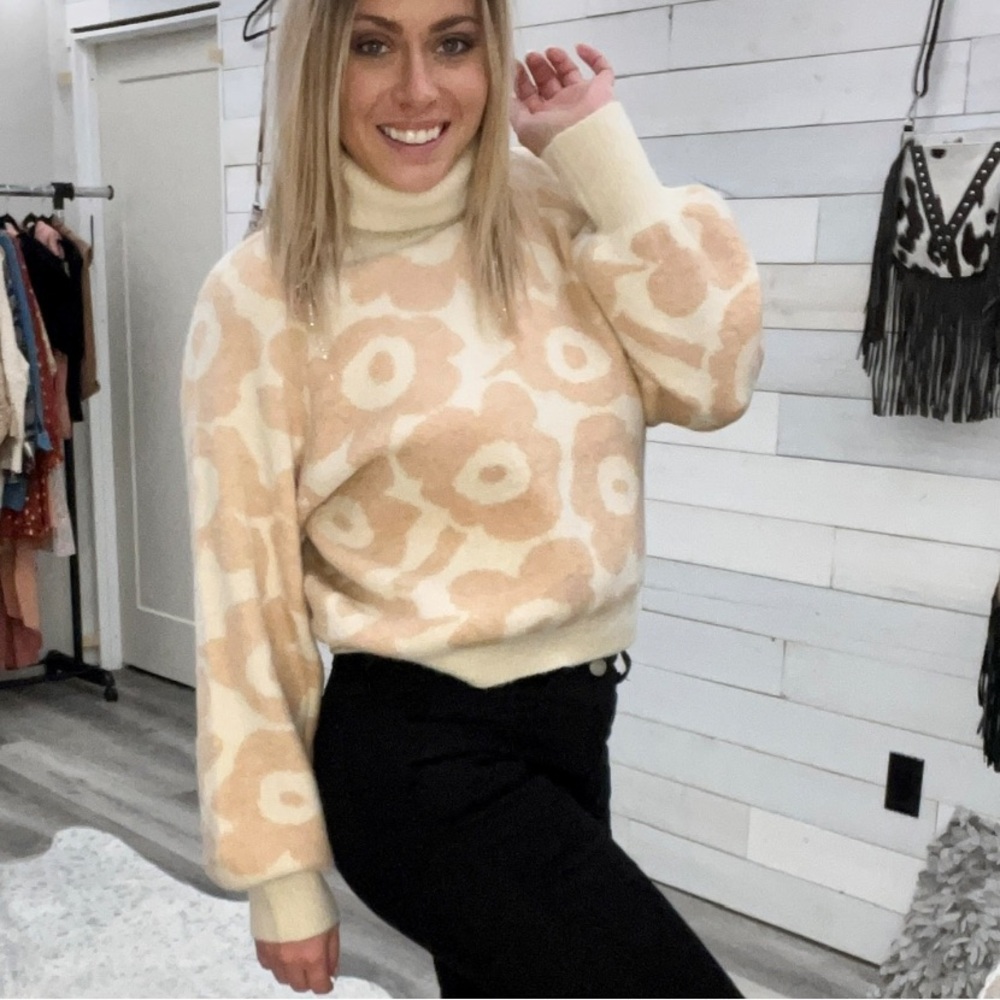 Chunky Floral Turtleneck Sweater